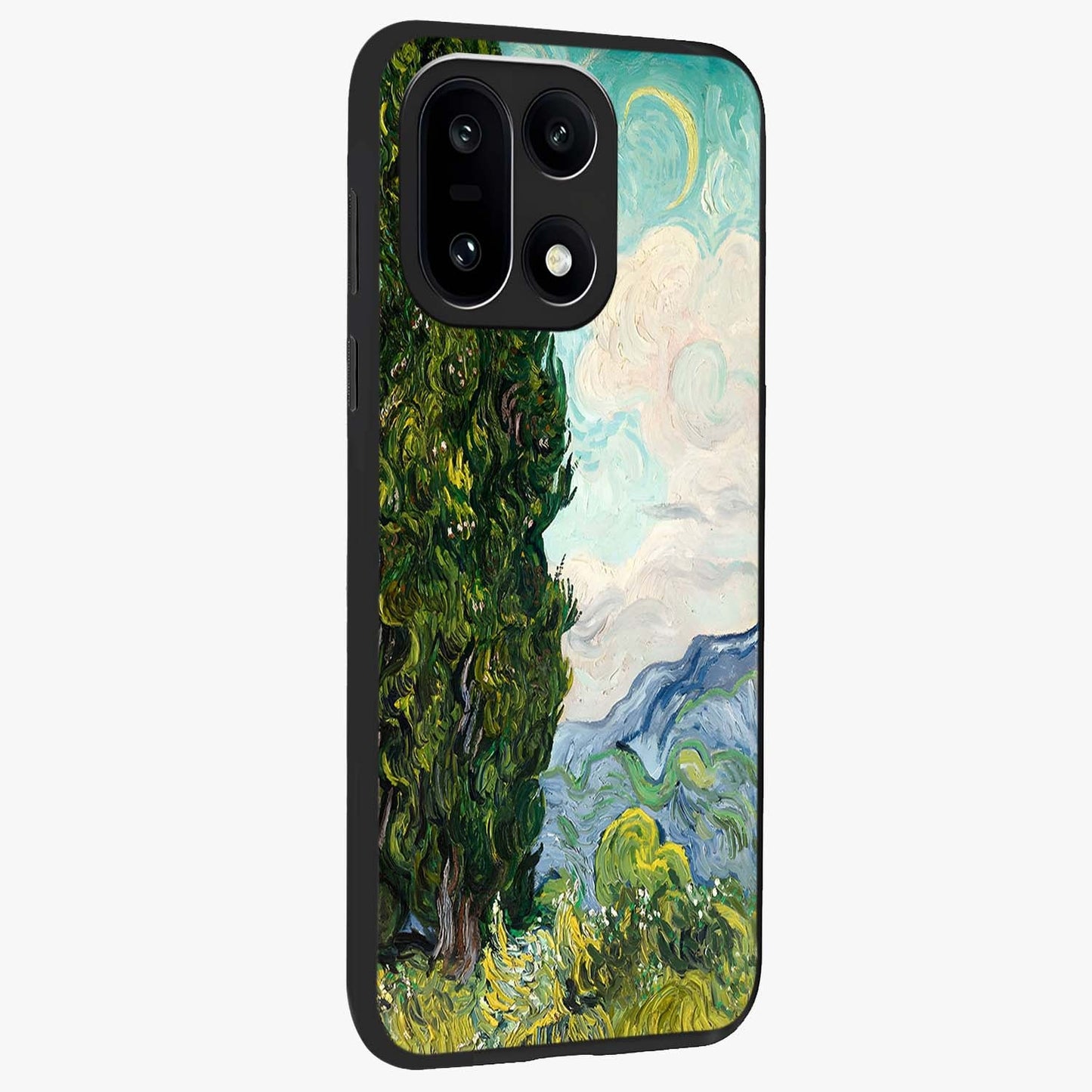 Van Gogh Vintage Art Glass Case for 1+15 side perspective highlighting textured detailing and sleek premium build