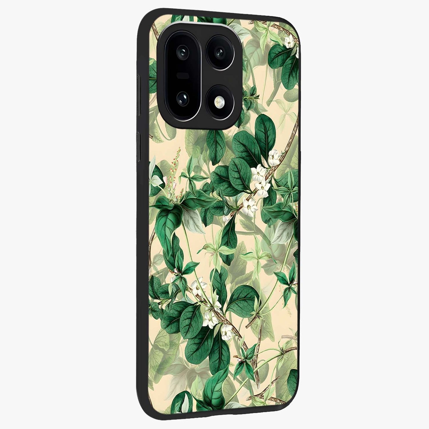 Verdant Garden Whispers Glass Case for 1+15 side perspective highlighting delicate leaf textures and premium edges