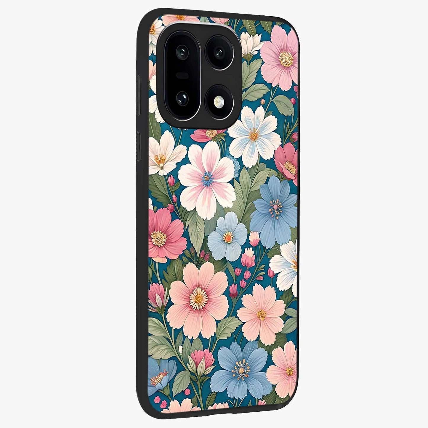 Vintage Floral Charm Glass Case for 1+15 side perspective highlighting refined floral textures and premium edges
