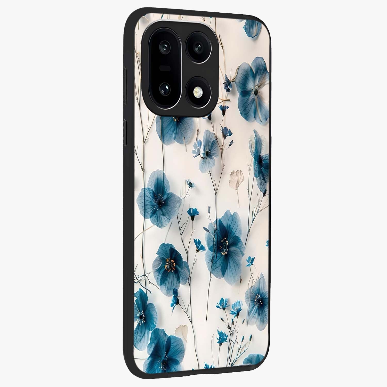 Whispers of Blue Bloom Glass Case for 1+15 side perspective highlighting intricate bloom textures and premium edges