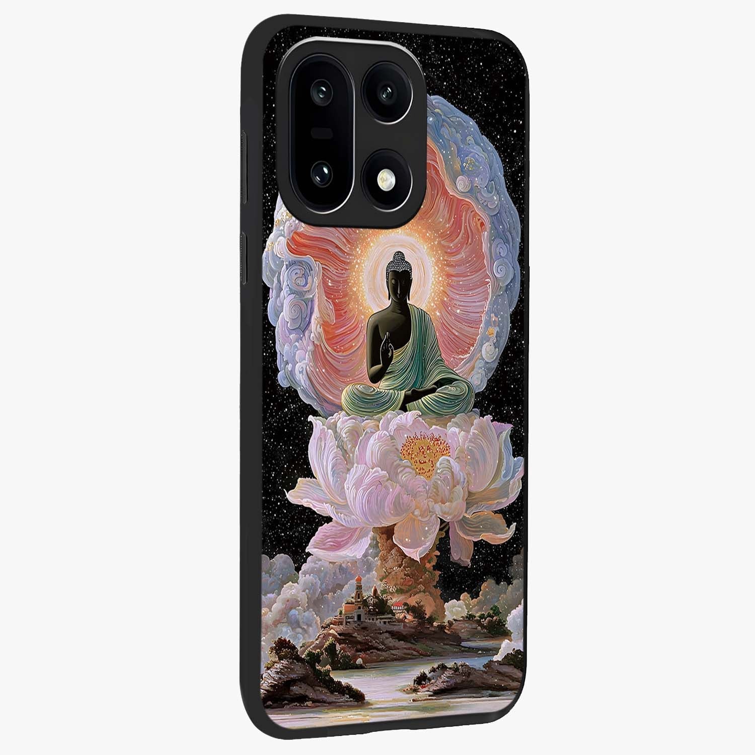 Zen Lotus Realm Glass Case for 1+15 side perspective highlighting refined textures and smooth premium build