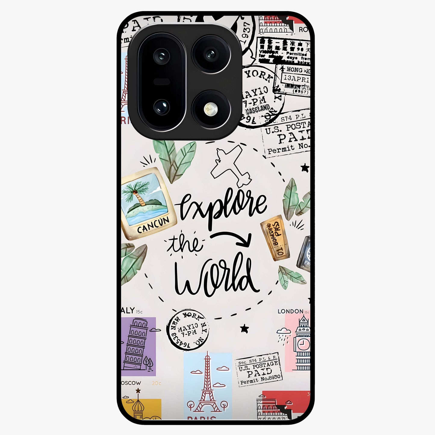 Adventure Awaits Art Glass Case for 1+15 front view featuring bold travel inspired typography artwork