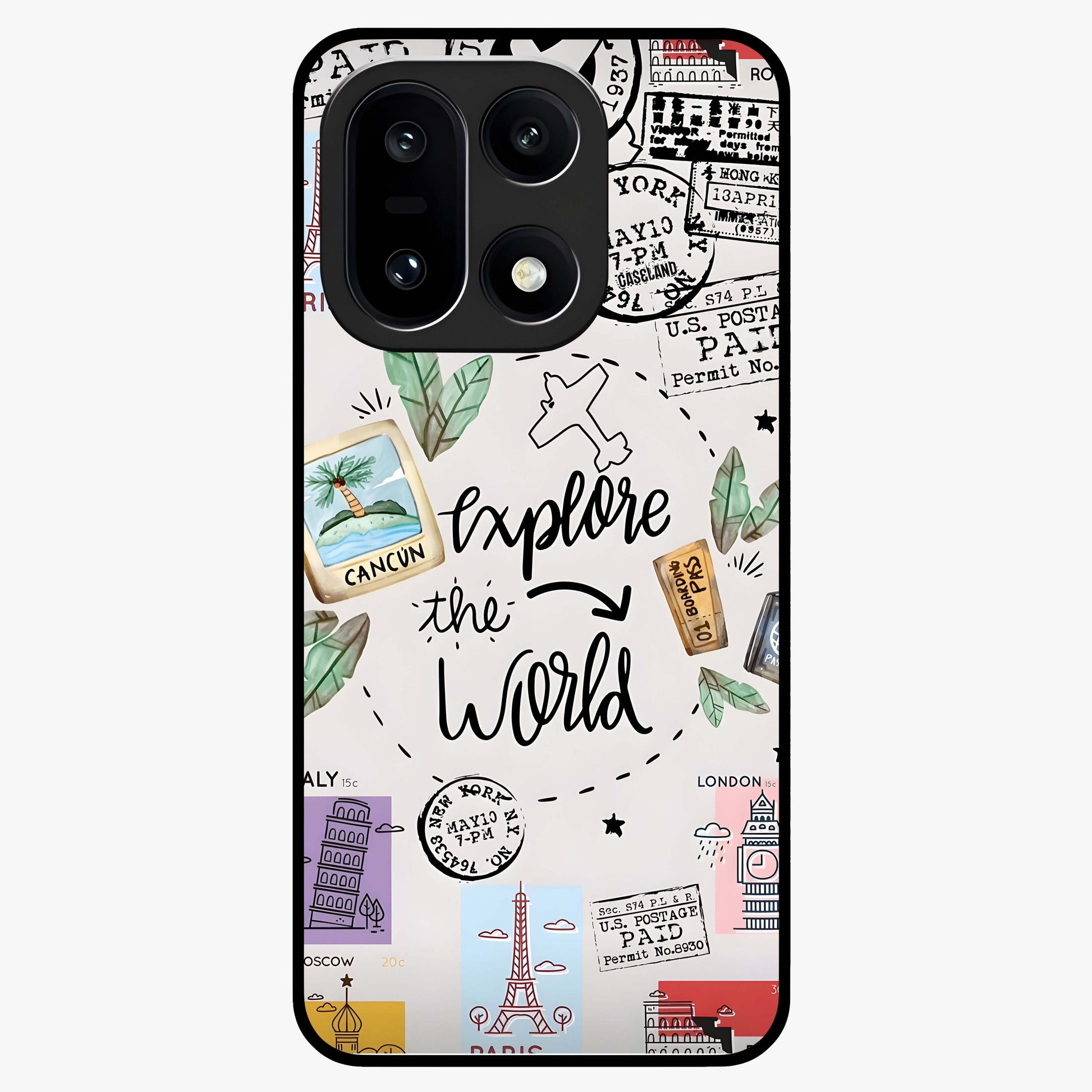 Adventure Awaits Art Glass Case for 1+15 front view featuring bold travel inspired typography artwork