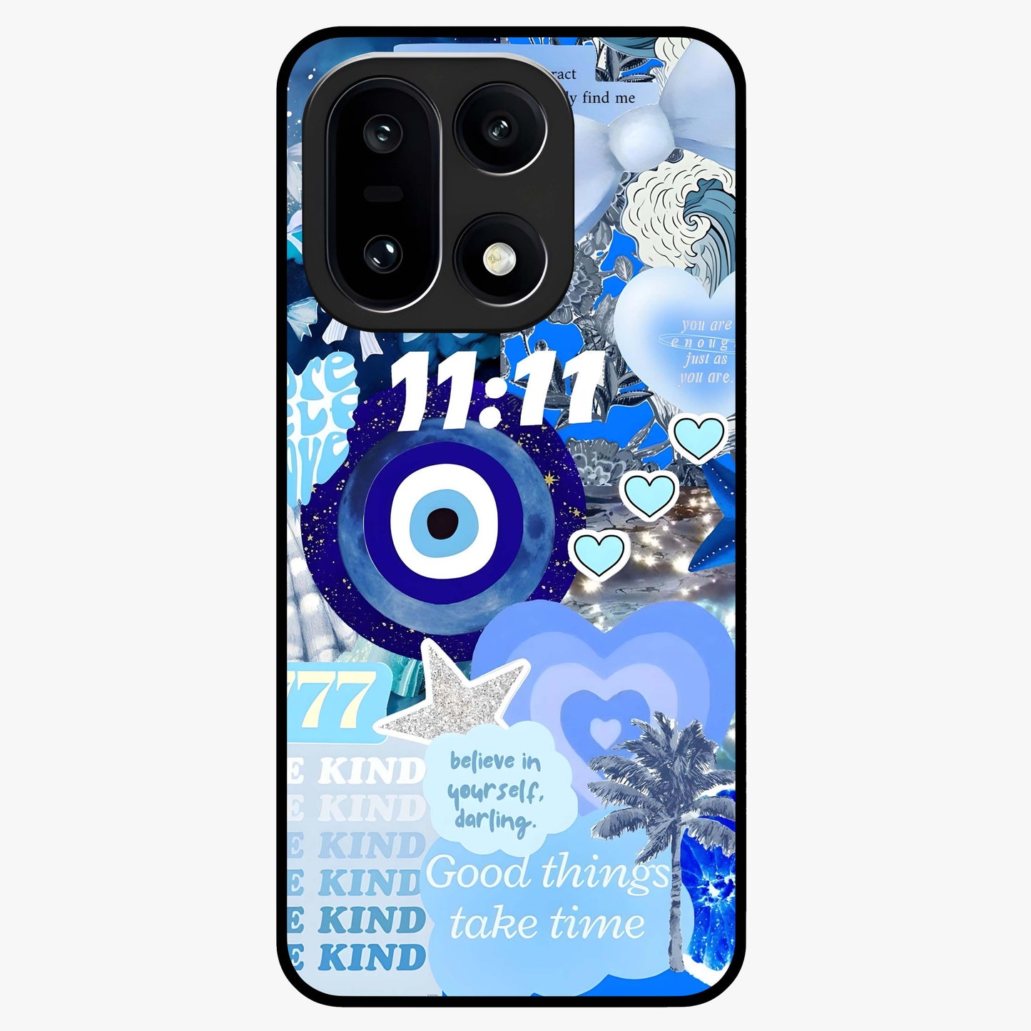 Aesthetic Be Kind Eye Glass Case for 1+15 front view featuring minimal eye illustration with positive message