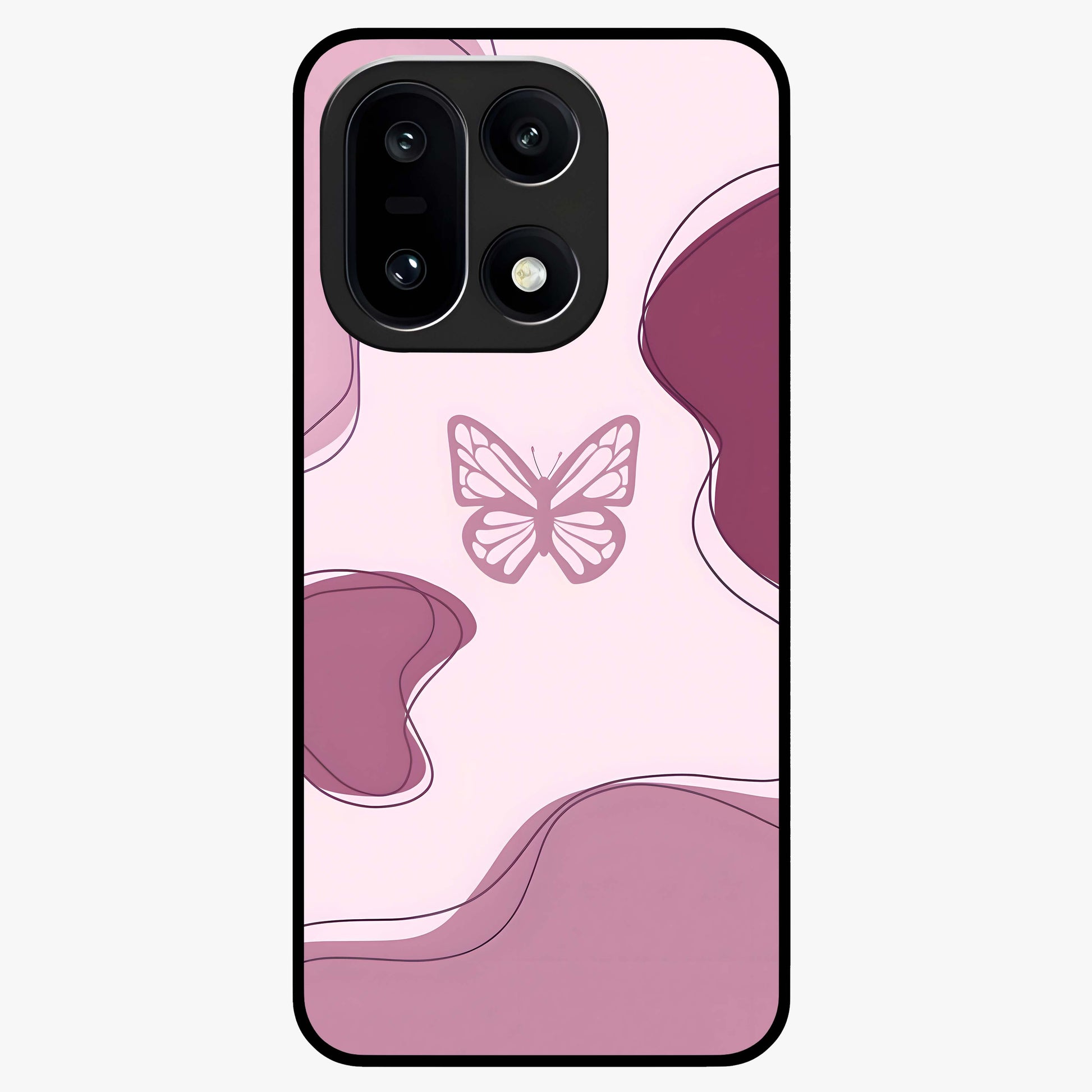 Aesthetic Pinkish Custom Name Butterfly Glass Case for 1+15 elegant front view featuring pink butterfly artwork with personalized name design