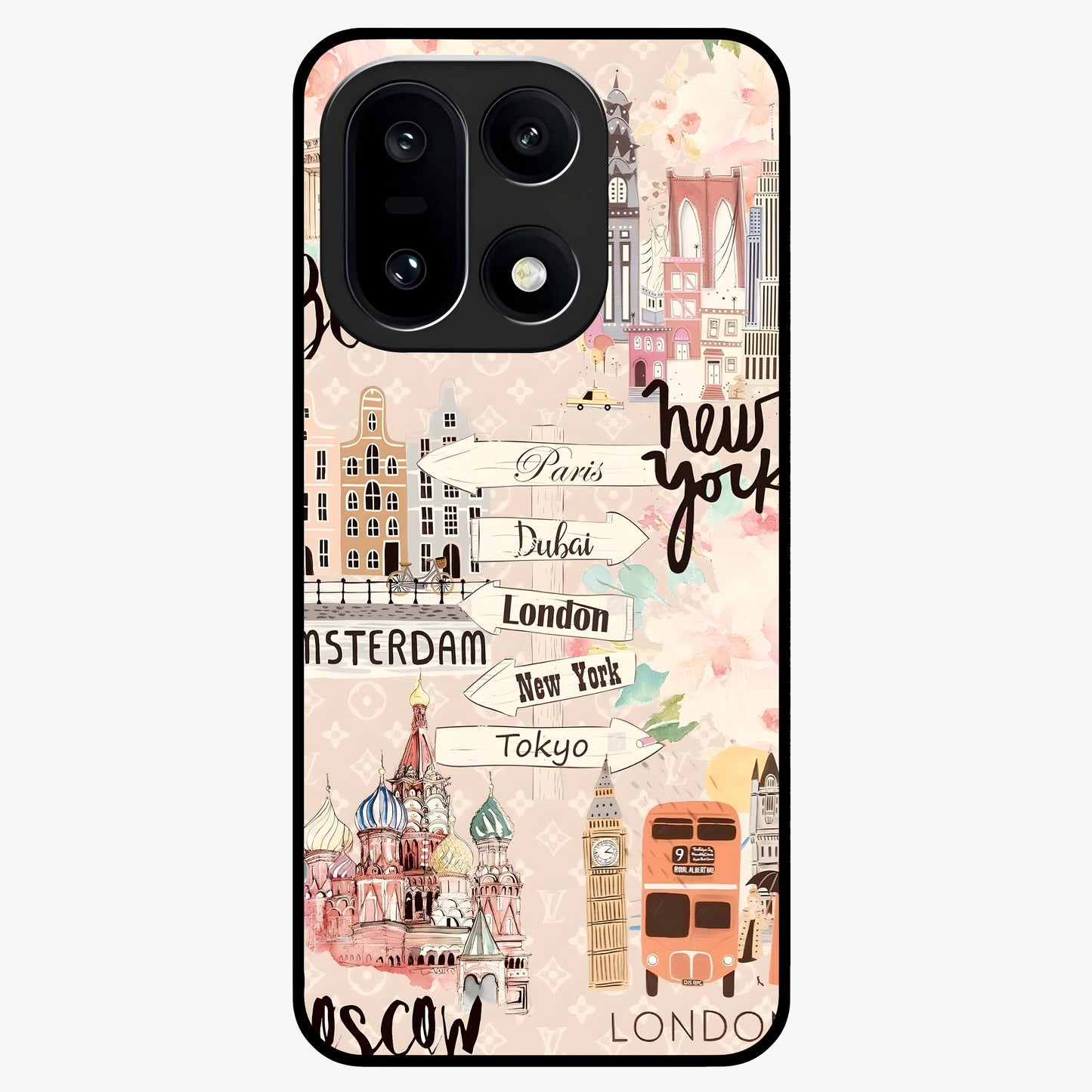 Aesthetic Travel Glass Case for 1+15 front view featuring wanderlust inspired travel artwork