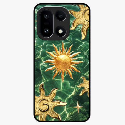 Aqua Sun Mirage Glass Case for 1+15 vibrant front view featuring aqua blue sun inspired artwork