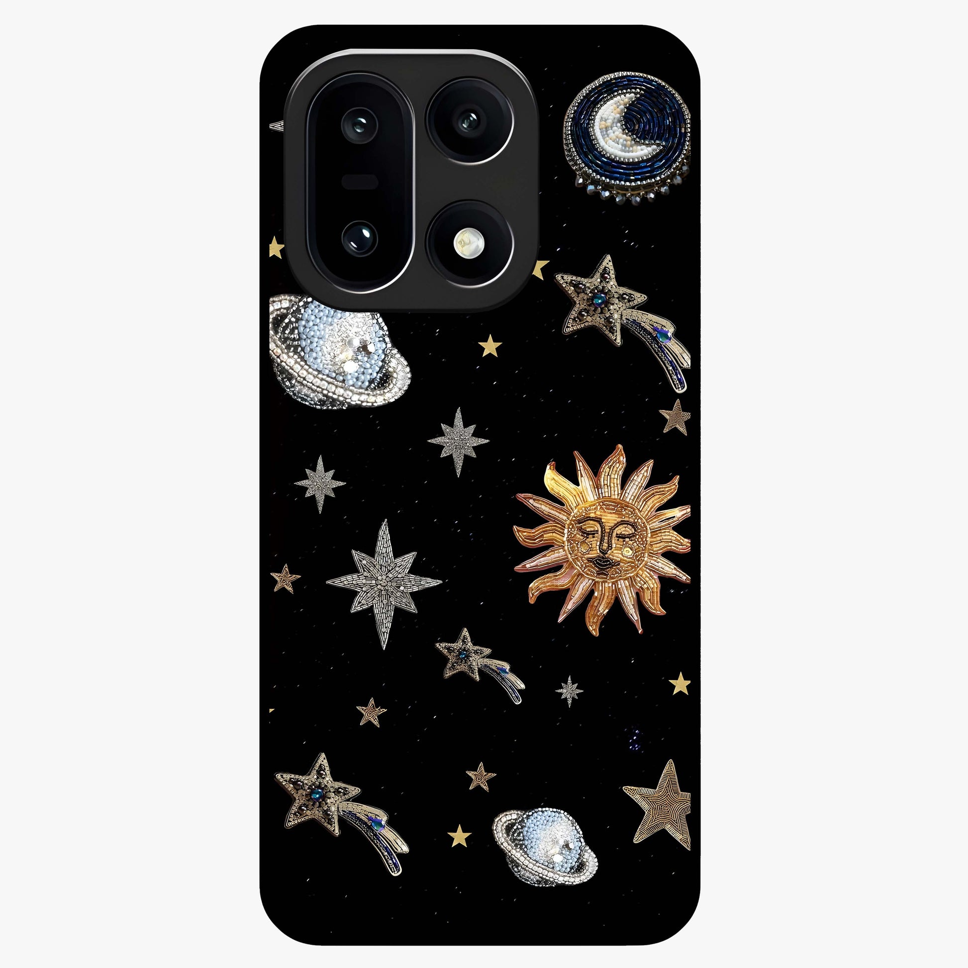 Beaded Cosmic Dreams Glass Case for 1+15 front view featuring celestial bead inspired cosmic artwork