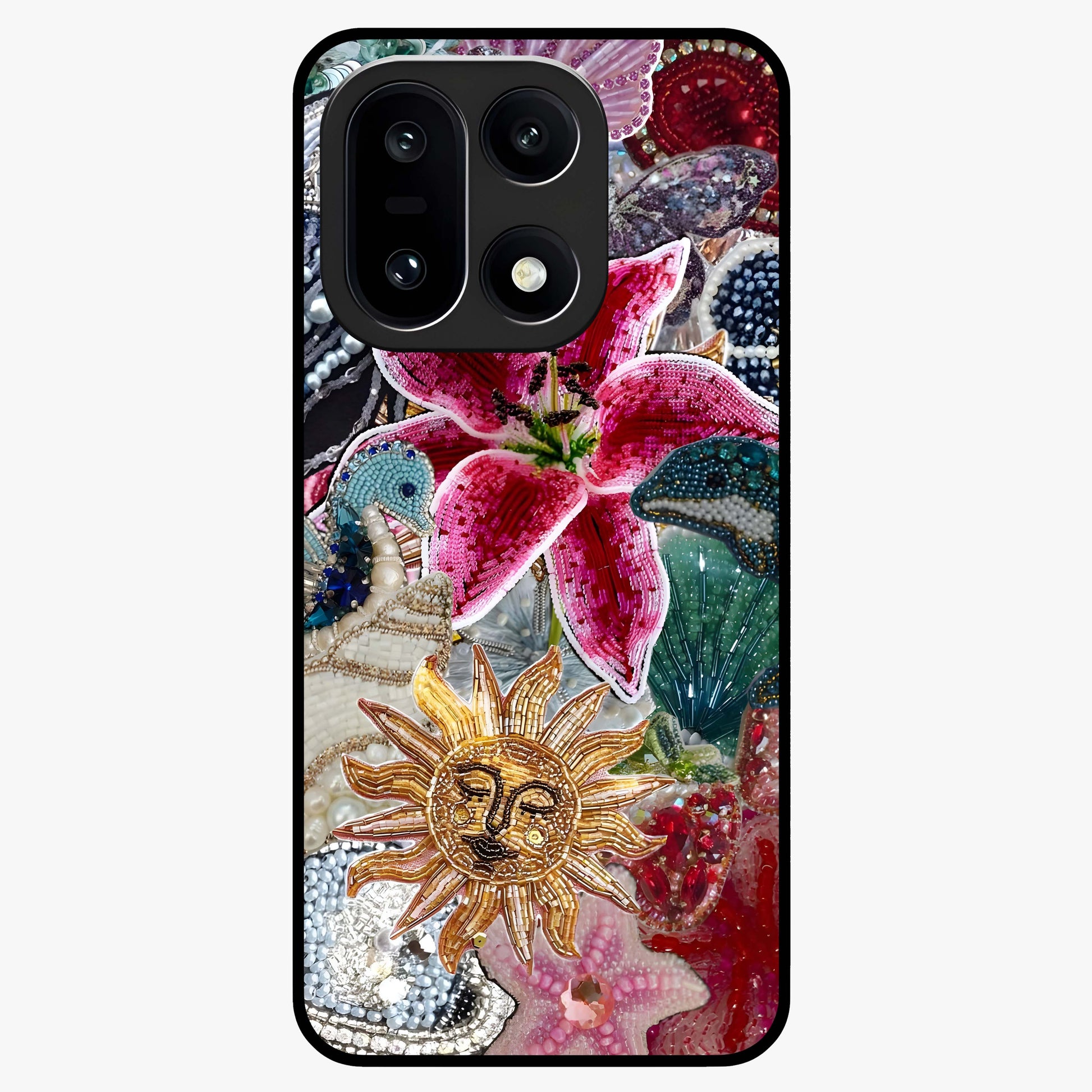 Beaded Garden Fantasy Glass Case for 1+15 front view featuring colorful beaded floral garden artwork
