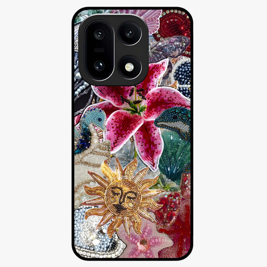 Beaded Garden Fantasy Glass Case for 1+15 front view featuring colorful beaded floral garden artwork