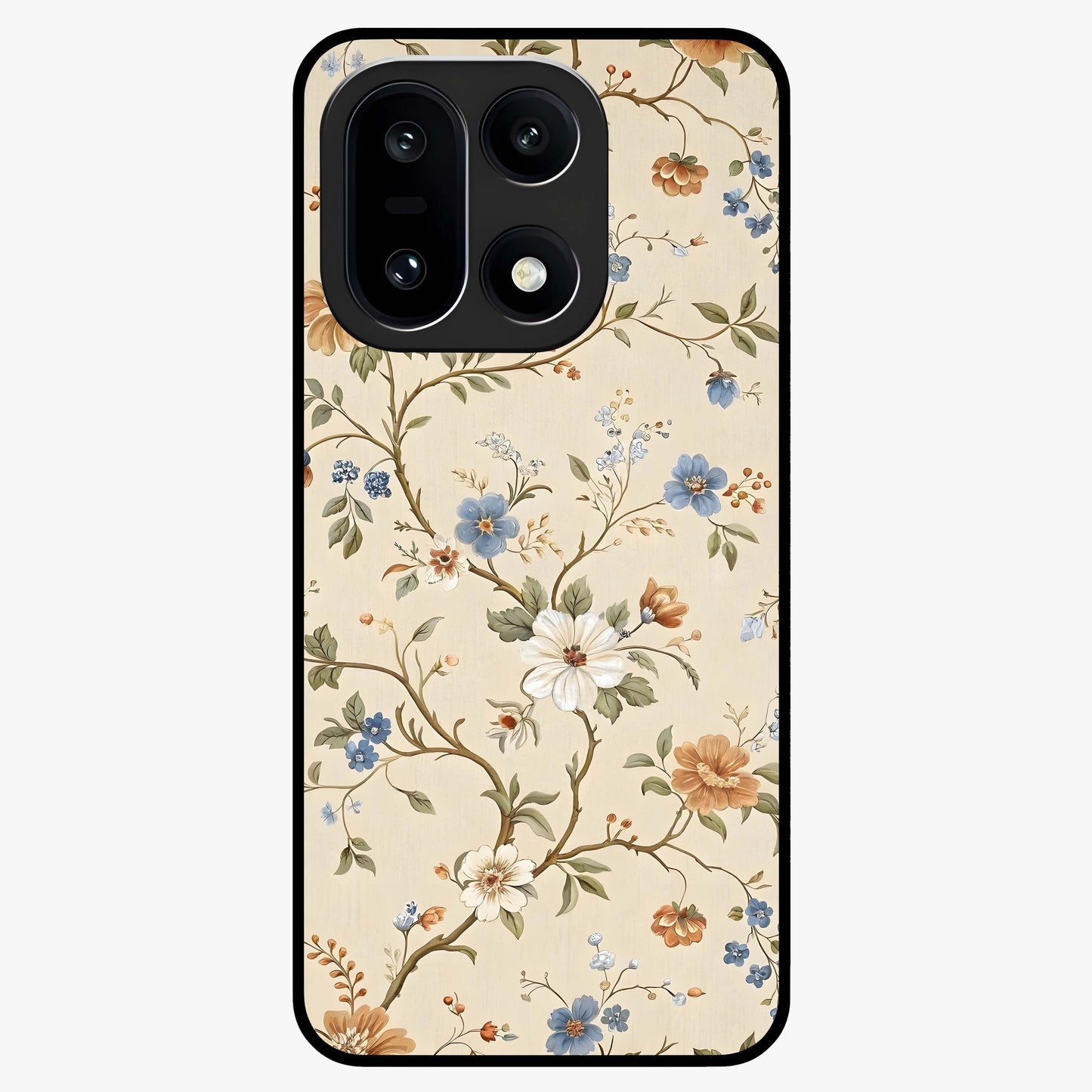 Beige Vintage Flower Glass Case for 1+15 soft front view featuring classic beige floral artwork