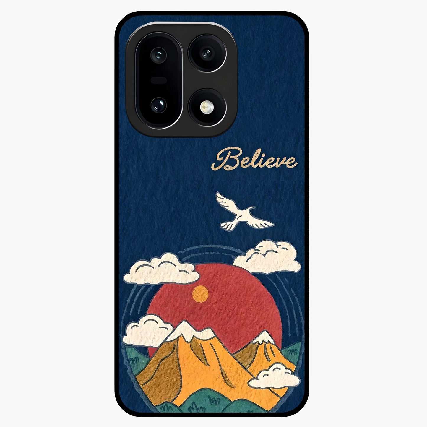 Believe Sky Escape Glass Case for 1+15 inspirational front view featuring sky inspired artwork with uplifting message