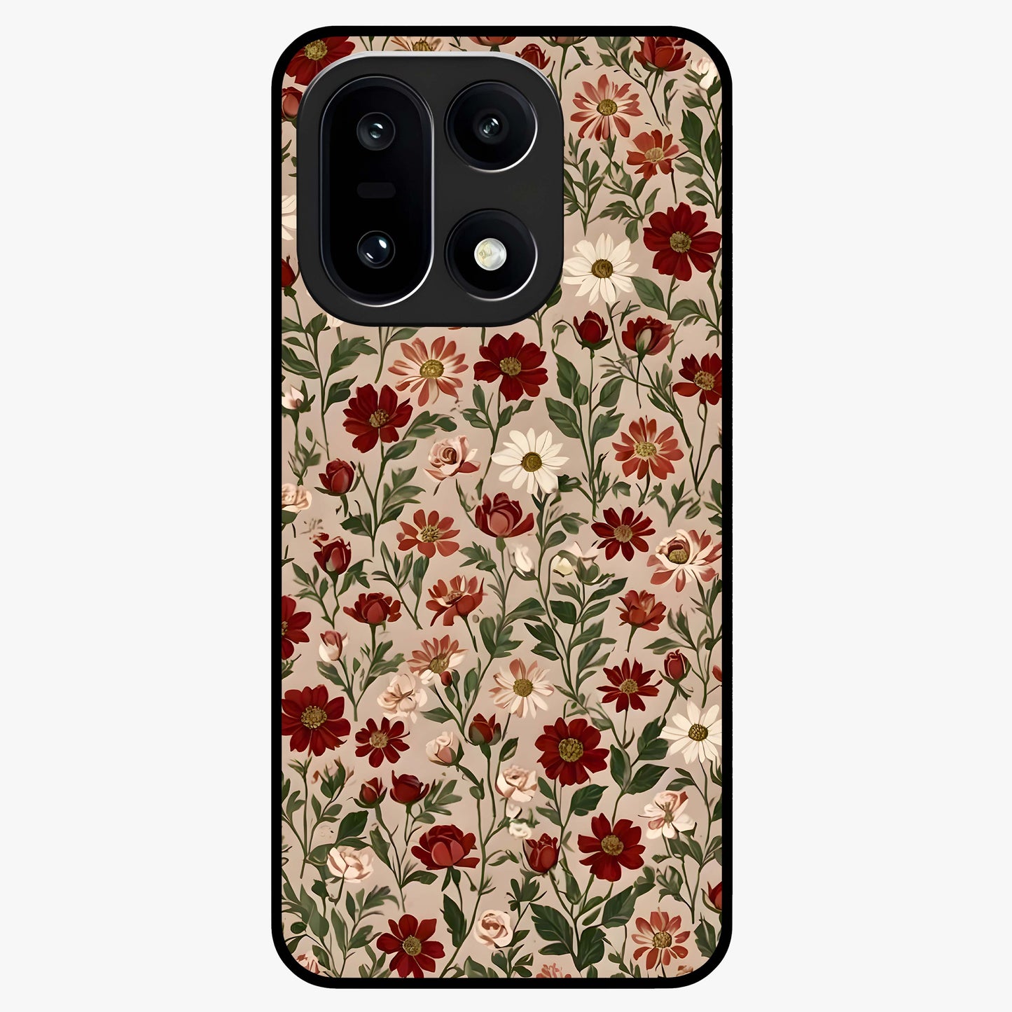 Biege Flower With Leaf Glass Case for 1+15 front view featuring soft beige floral artwork with leaf detailing