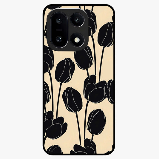 Black Designer Tulip Glass Case for 1+15 elegant front view featuring refined tulip artwork on black background