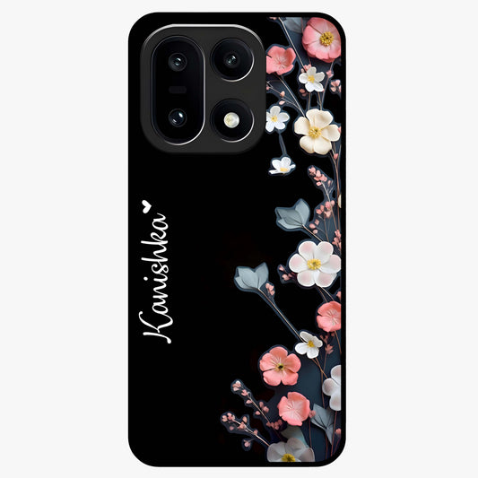 Black Elegance Floral Custom Name Glass Case for 1+15 luxurious front view featuring floral artwork with personalized name design