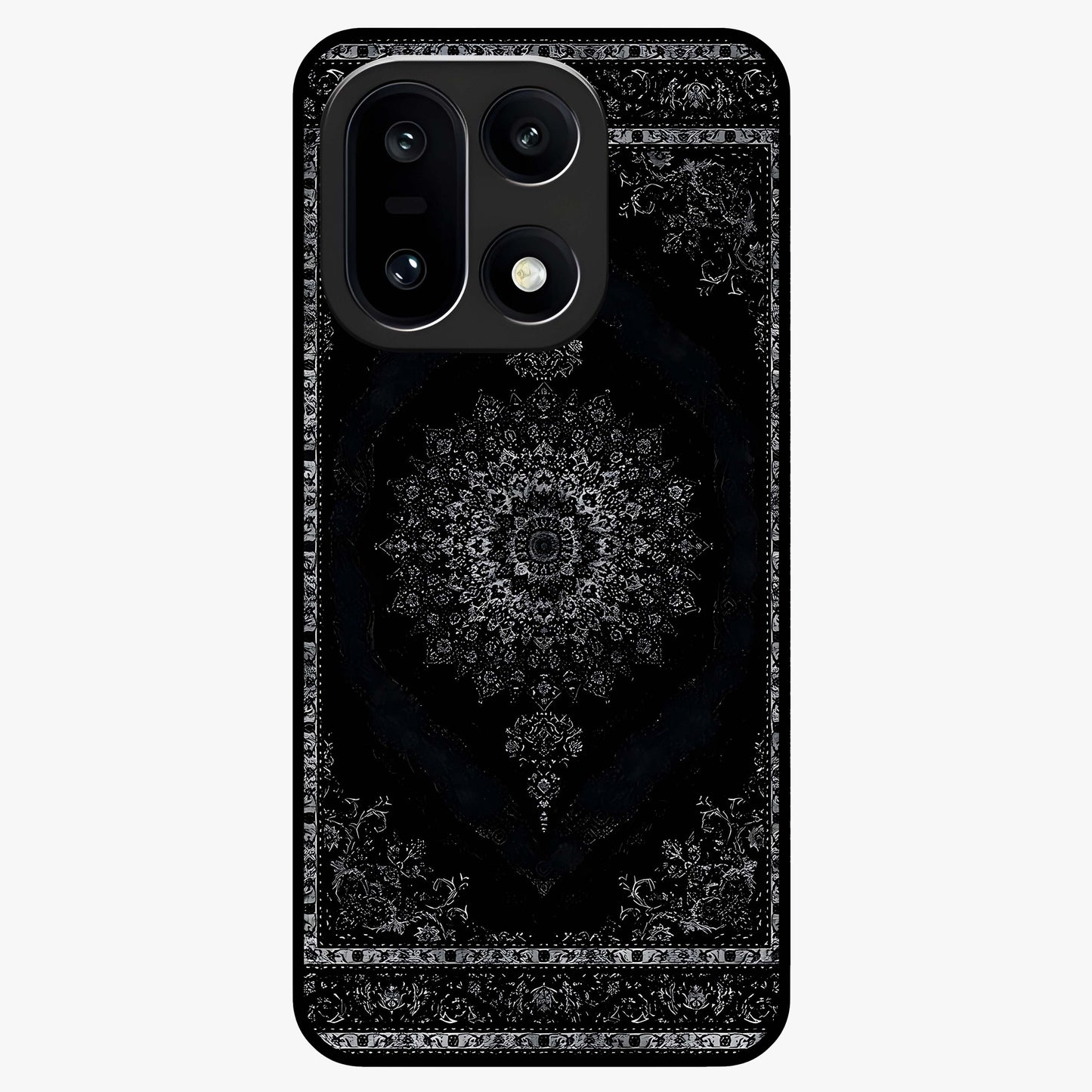 Black Persian Carpet Glass Case for 1+15 rich front view featuring intricate Persian carpet pattern artwork