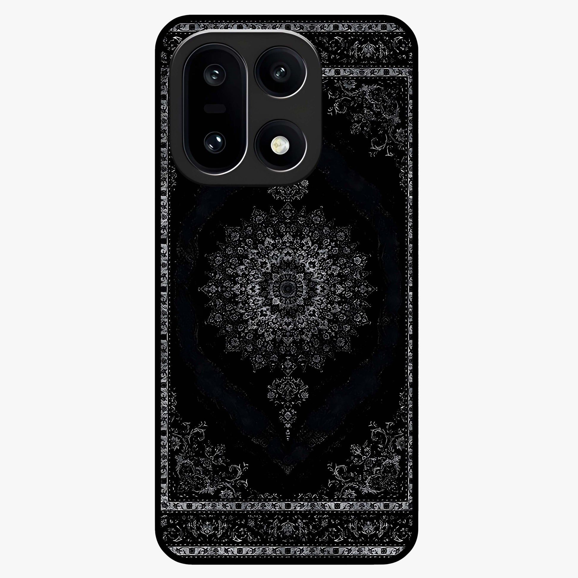 Black Persian Carpet Glass Case for 1+15 rich front view featuring intricate Persian carpet pattern artwork