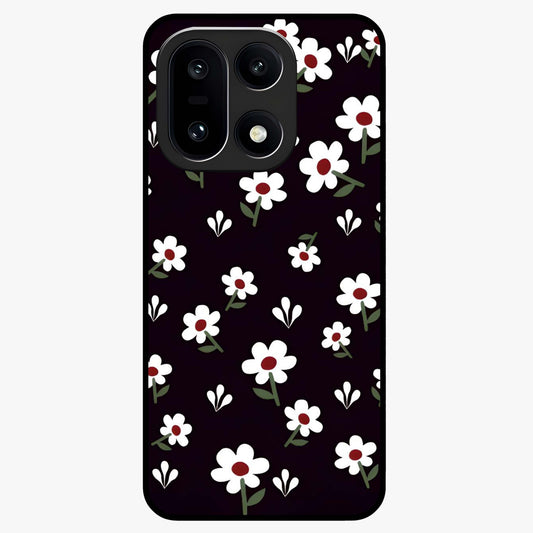 Black Prints Daisy Flower Pattern Glass Case for 1+15 front view featuring white daisy floral artwork on black base