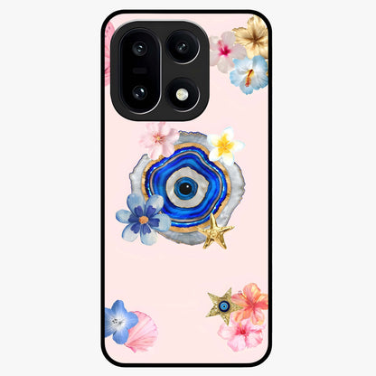 Blossom Evil Charm Glass Case for 1+15 elegant front view featuring floral evil eye inspired artwork