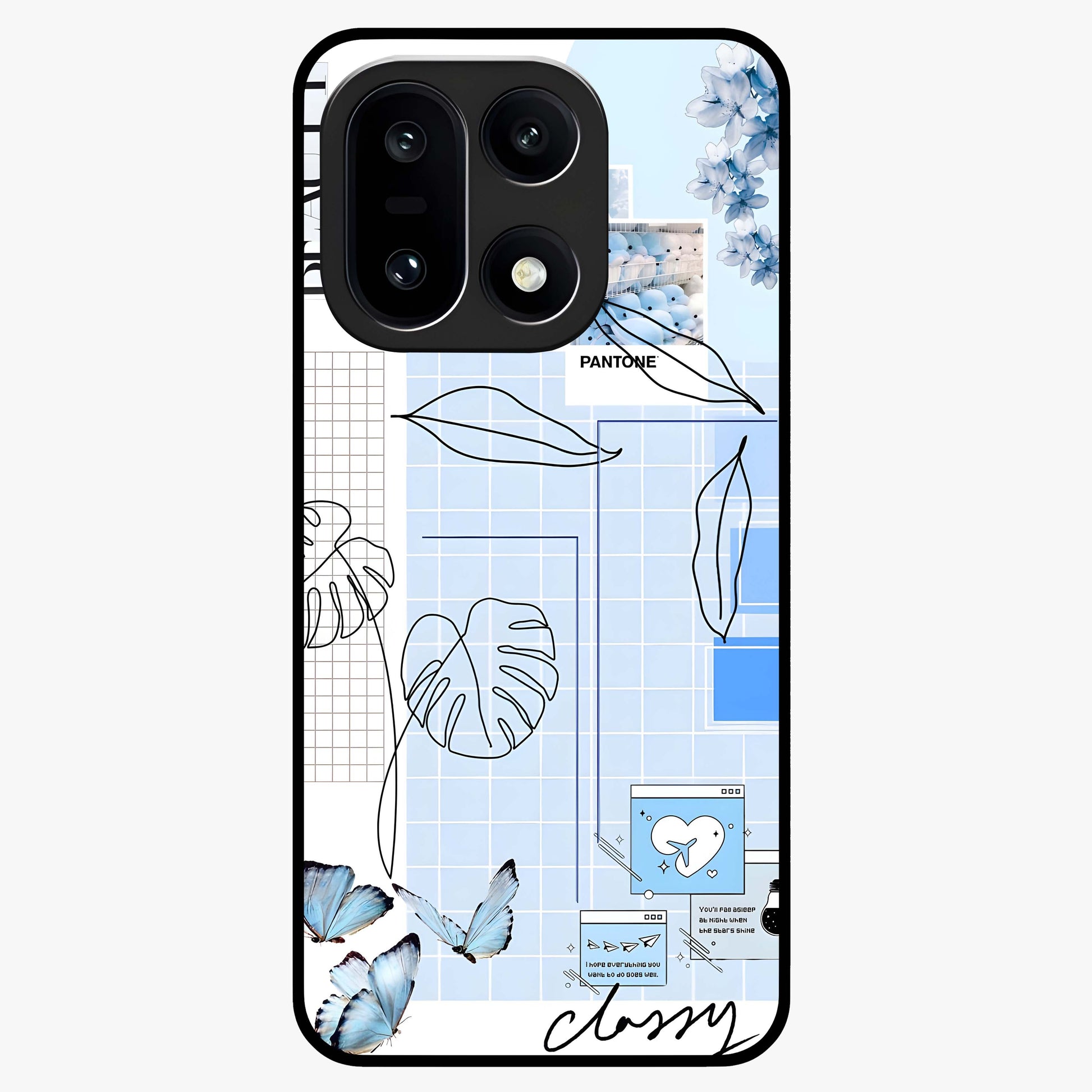 Blue Aesthetic Flower Glass Case for 1+15 elegant front view featuring soft blue floral artwork