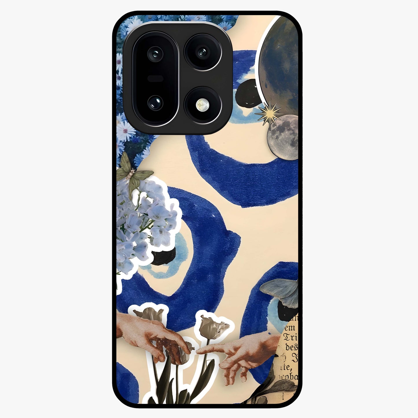 Blue Evil Divine Glass Case for 1+15 bold front view featuring vibrant evil eye artwork with divine aesthetic tones