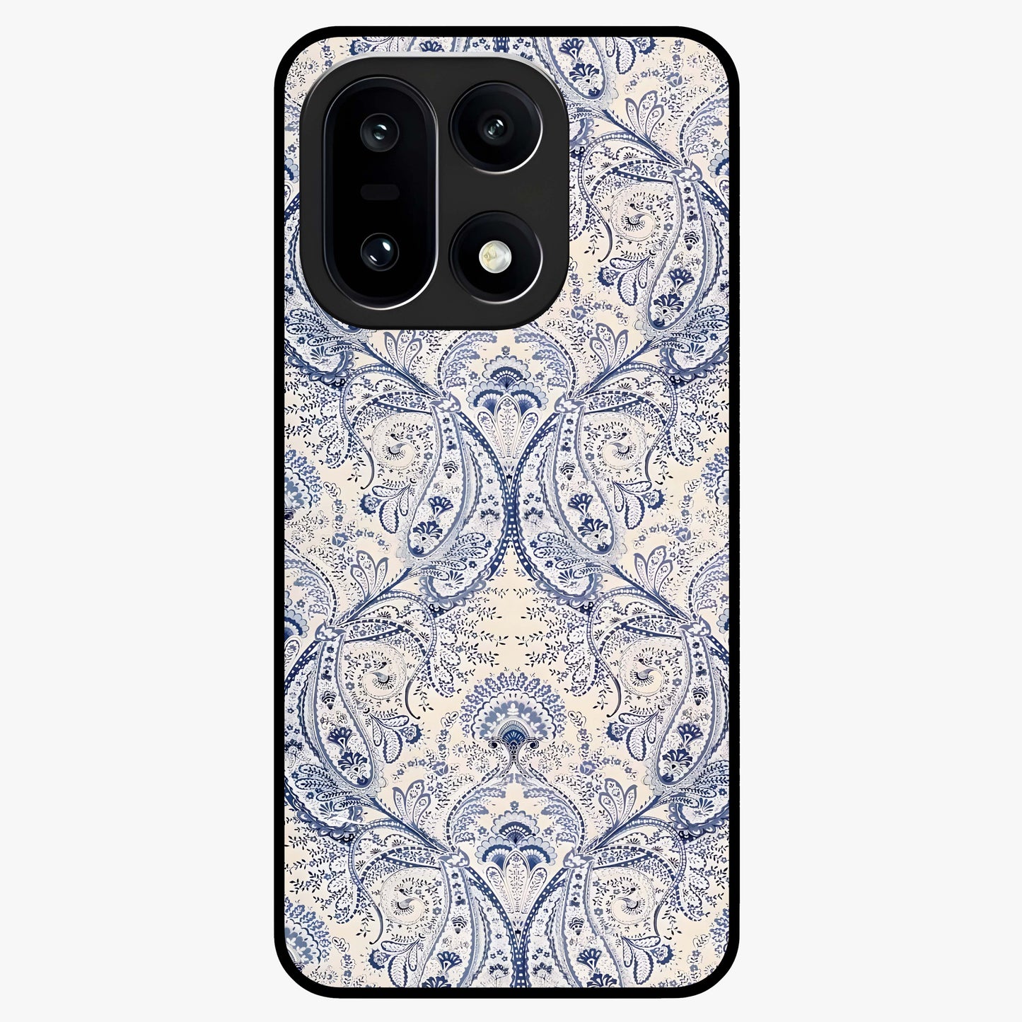 Blue Paisley Bloom Glass Case for 1+15 intricate front view featuring paisley floral artwork in rich blue tones