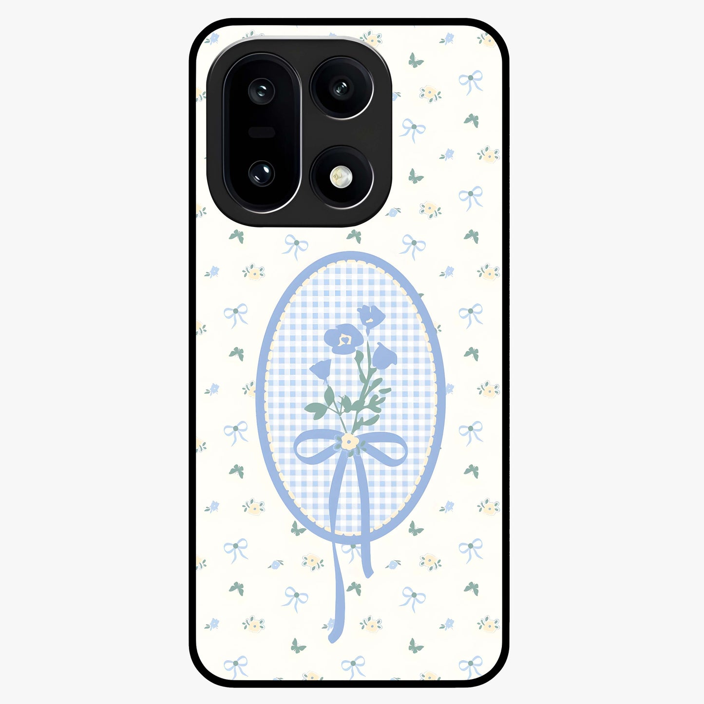 Blue Ribbon Bloom Glass Case for 1+15 elegant front view featuring soft floral artwork with ribbon accents