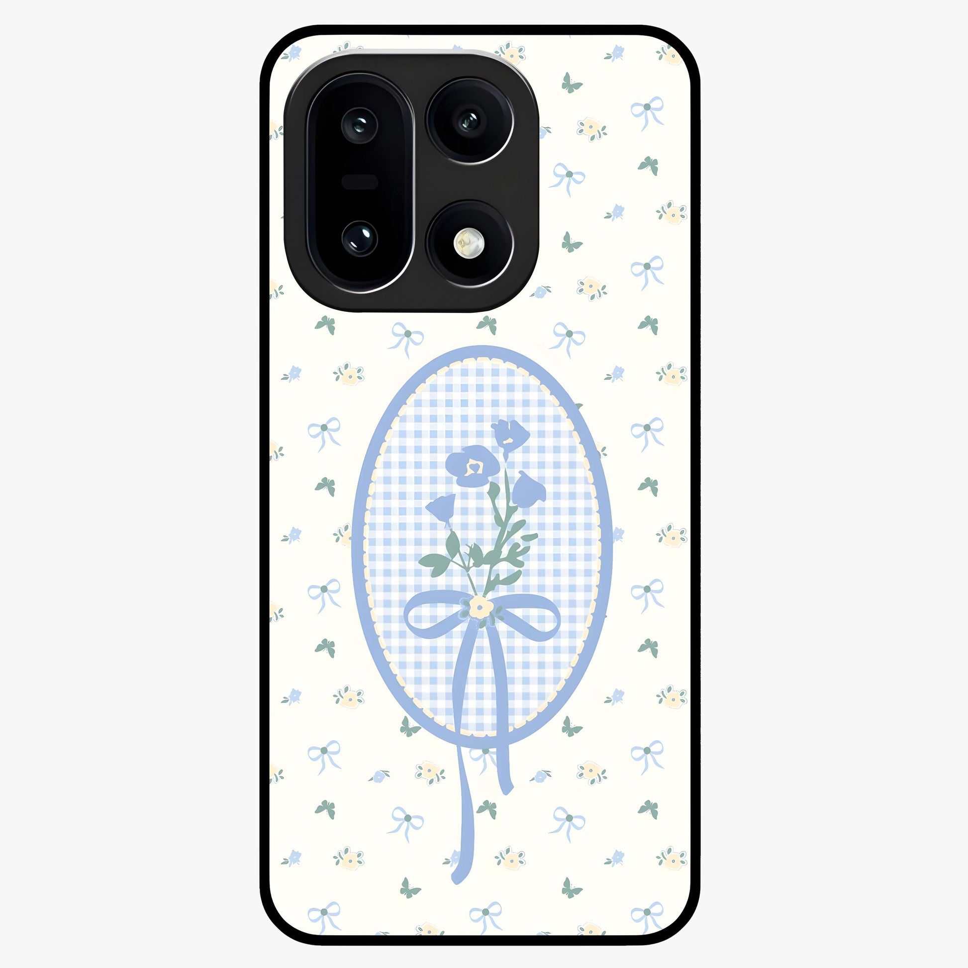 Blue Ribbon Bloom Glass Case for 1+15 elegant front view featuring soft floral artwork with ribbon accents