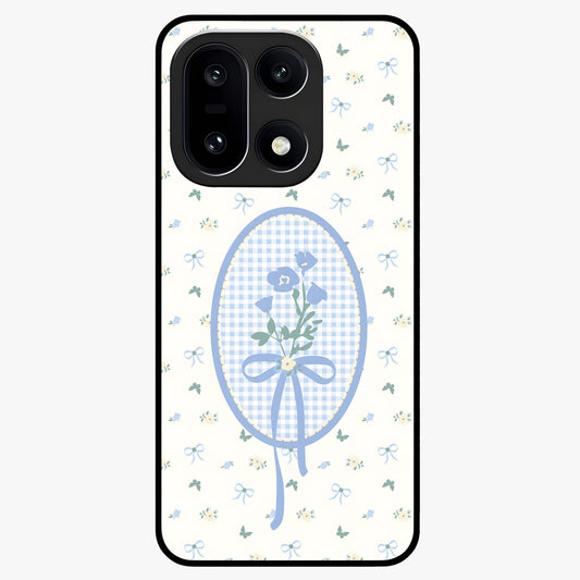 Blue Ribbon Bloom Glass Case for 1+15 elegant front view featuring soft floral artwork with ribbon accents
