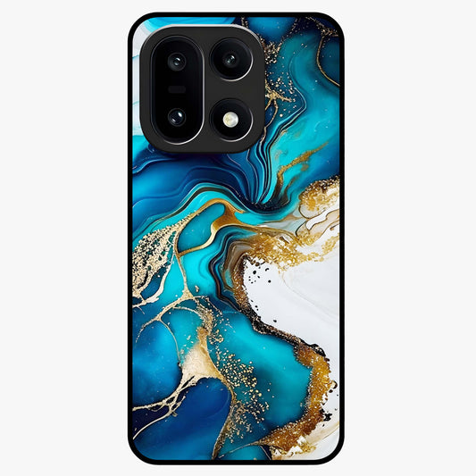 Blue and White Marble With Golden Viens Art Glass Case for 1+15 luxurious front view featuring marble texture with golden vein detailing