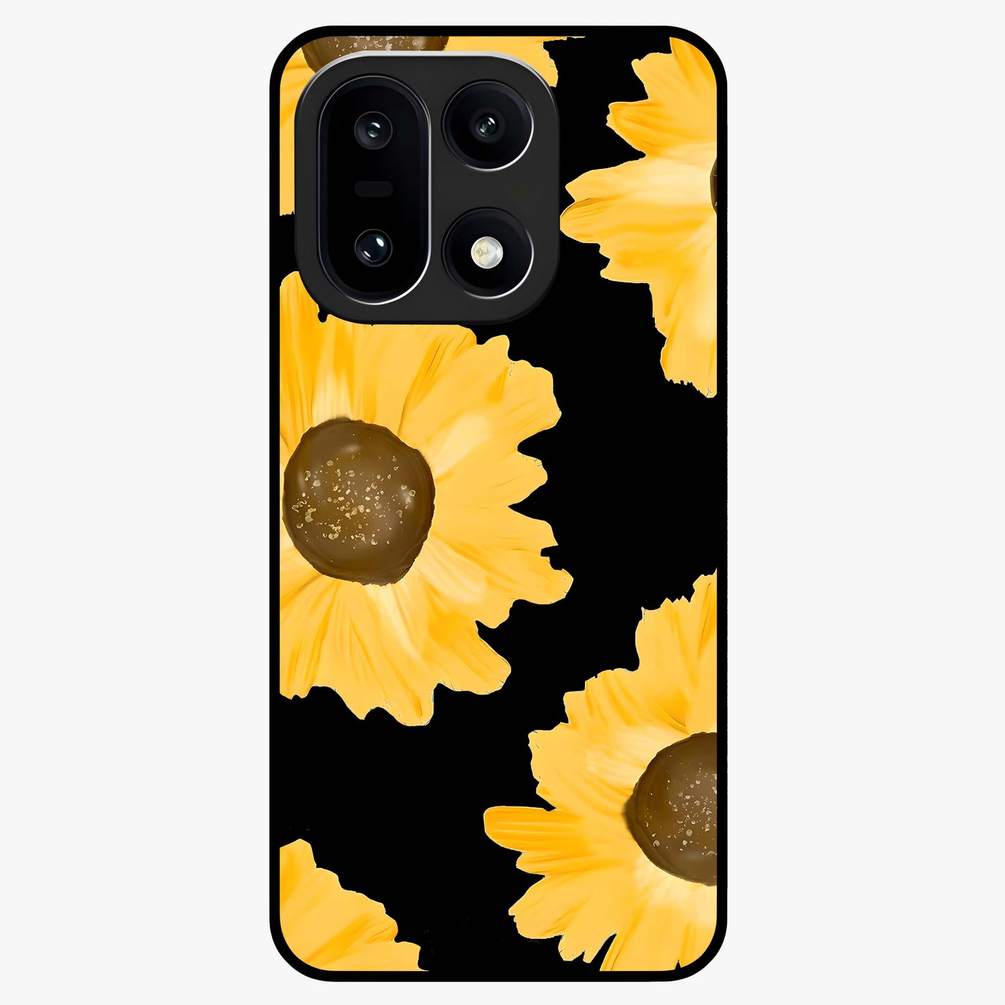 Bold Sunflowers Glow Glass Case for 1+15 vibrant front view featuring radiant sunflower artwork with warm golden tones