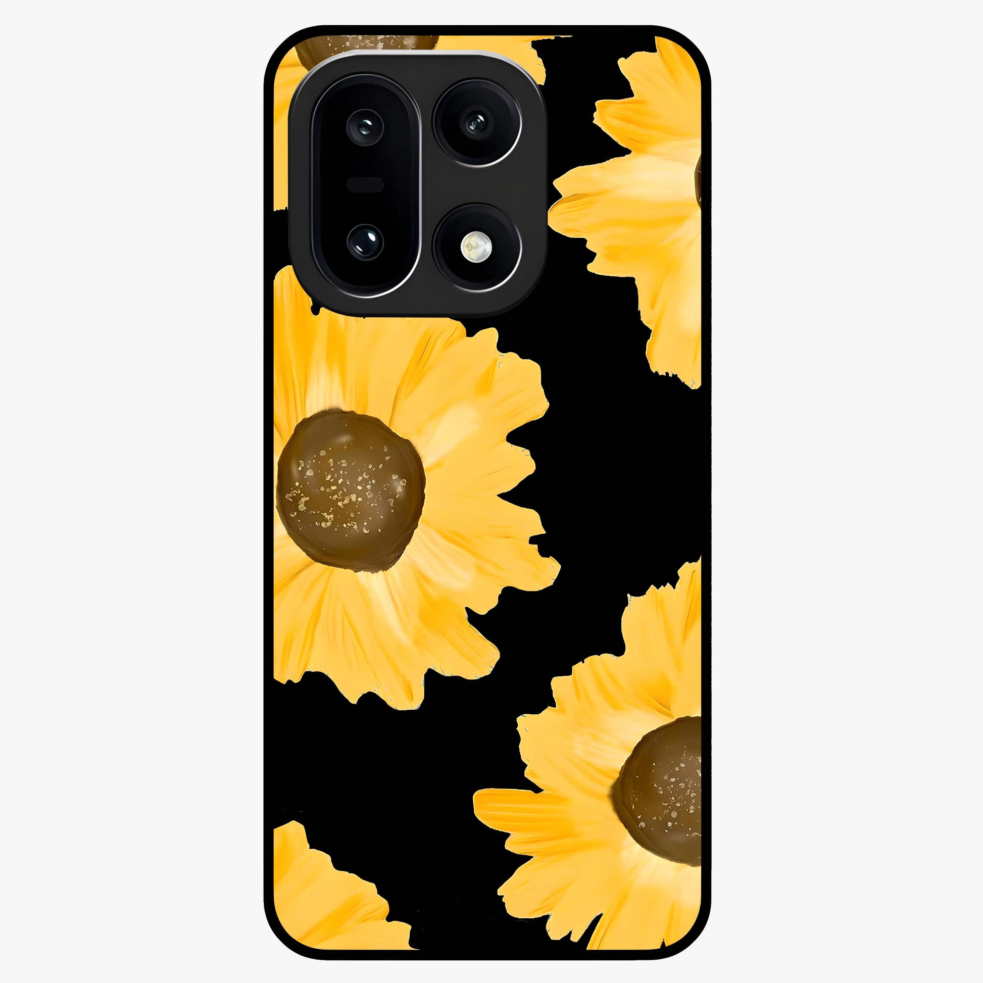 Bold Sunflowers Glow Glass Case for 1+15 vibrant front view featuring radiant sunflower artwork with warm golden tones