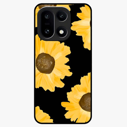Bold Sunflowers Glow Glass Case for 1+15 vibrant front view featuring radiant sunflower artwork with warm golden tones