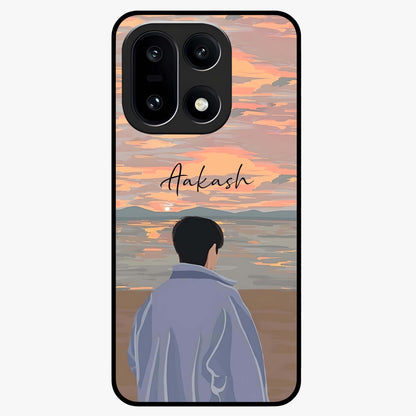 Boy Facing Sunset Beach Glass Case for 1+15 scenic front view featuring silhouette artwork against glowing sunset sky
