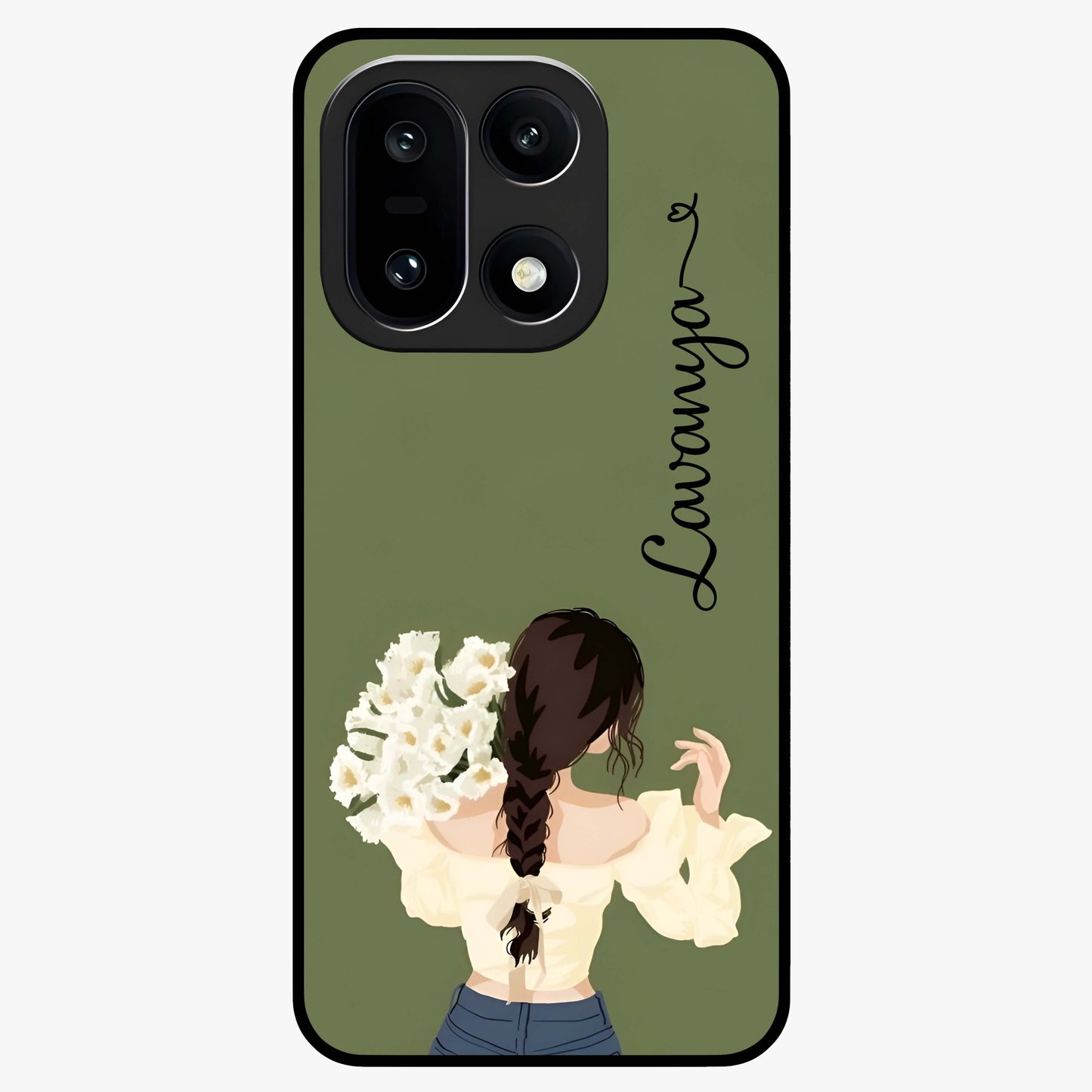 Braided Spring Beauty With Custom Name Glass Case for 1+15 elegant front view featuring braided floral artwork with personalized name design