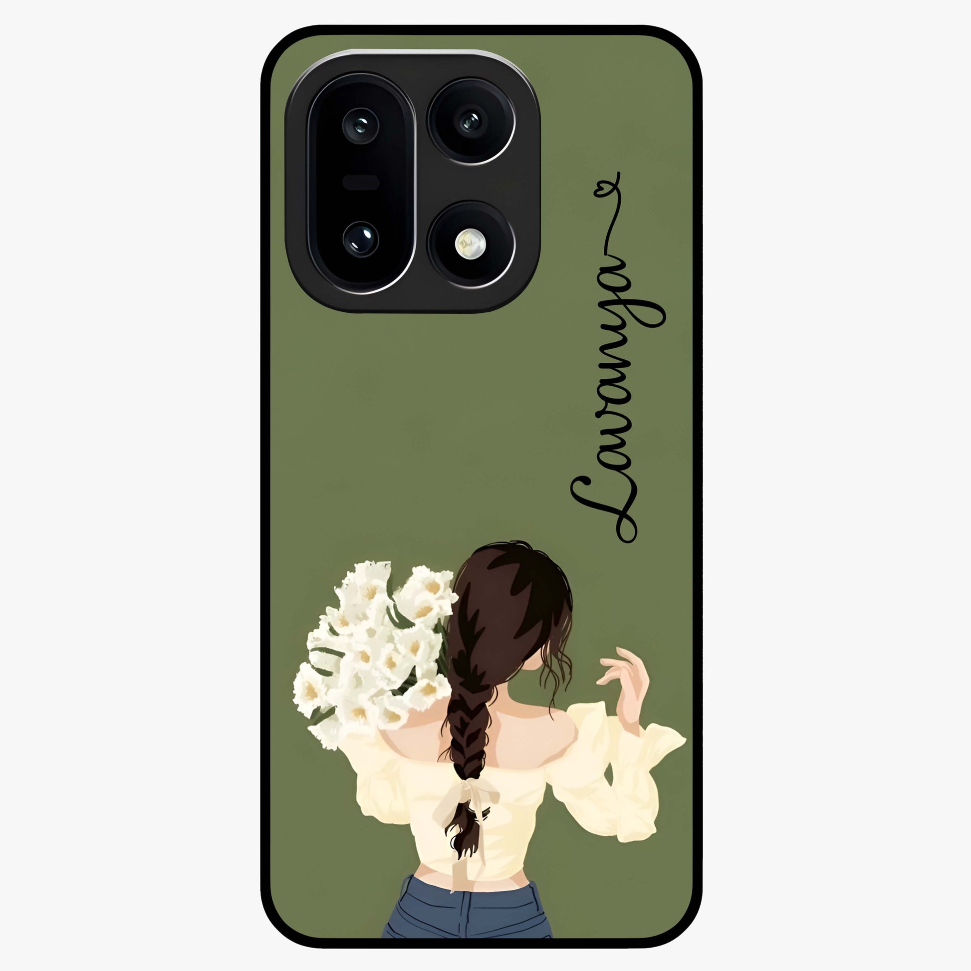 Braided Spring Beauty With Custom Name Glass Case for 1+15 elegant front view featuring braided floral artwork with personalized name design