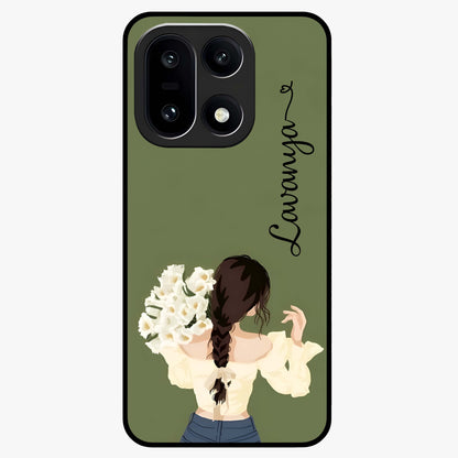 Braided Spring Beauty With Custom Name Glass Case for 1+15 elegant front view featuring braided floral artwork with personalized name design