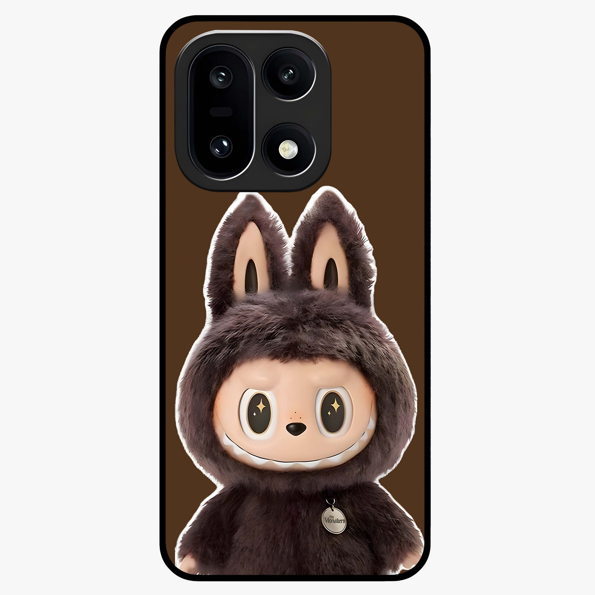 Brown Labubu Design Glass Case for 1+15 cute front view featuring playful Labubu character artwork in warm brown tones