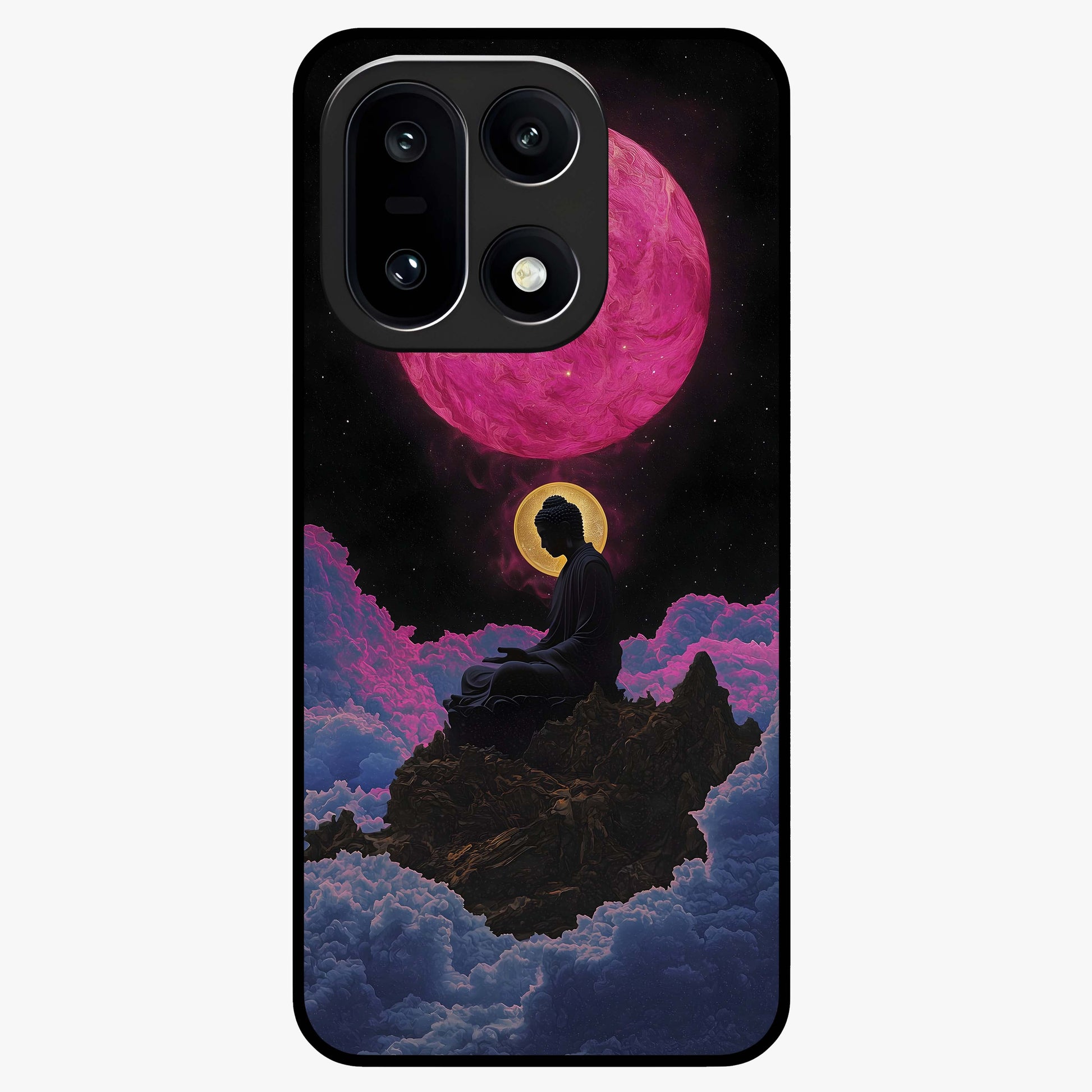 Buddha and Planets Glass Case for 1+15 serene front view featuring Buddha artwork with cosmic planetary background