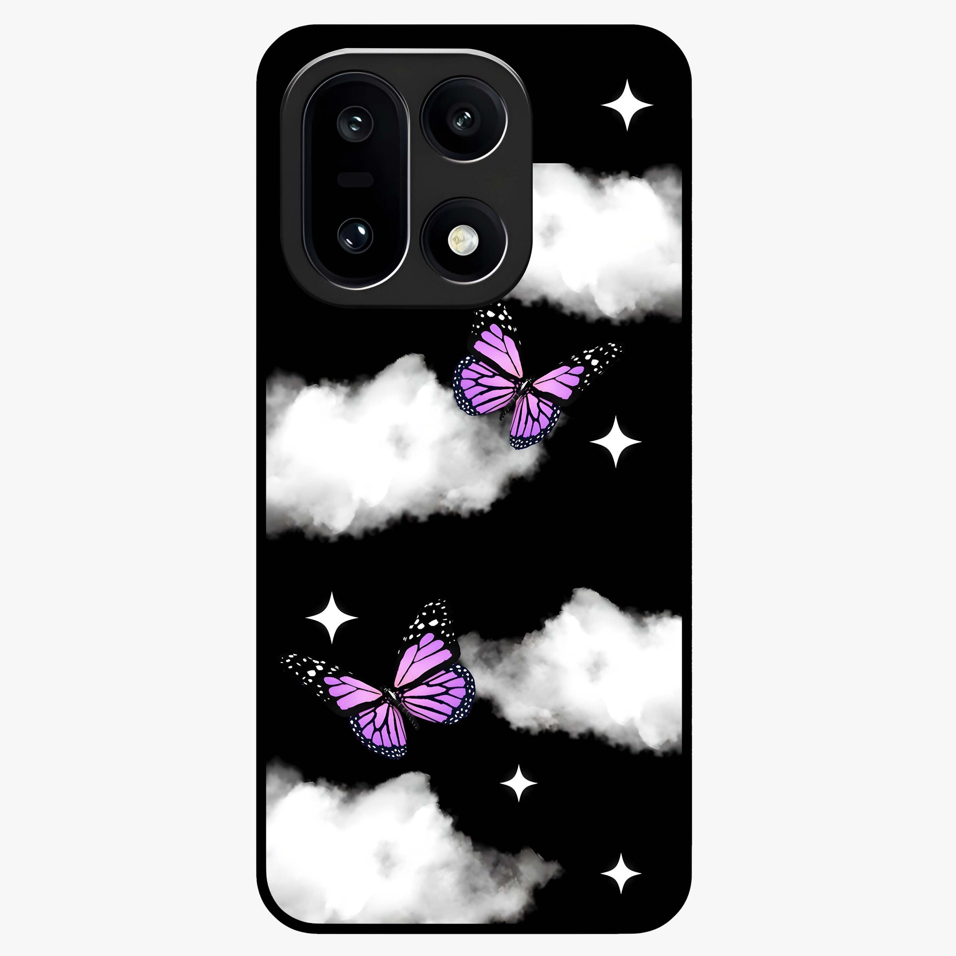 Butterfly Night Drift Glass Case for 1+15 dreamy front view featuring butterfly artwork with dark night inspired tones