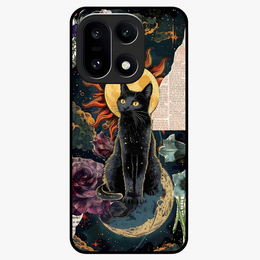 Celestial Black Cat Glass Case for 1+15 mystical front view featuring black cat artwork with cosmic background
