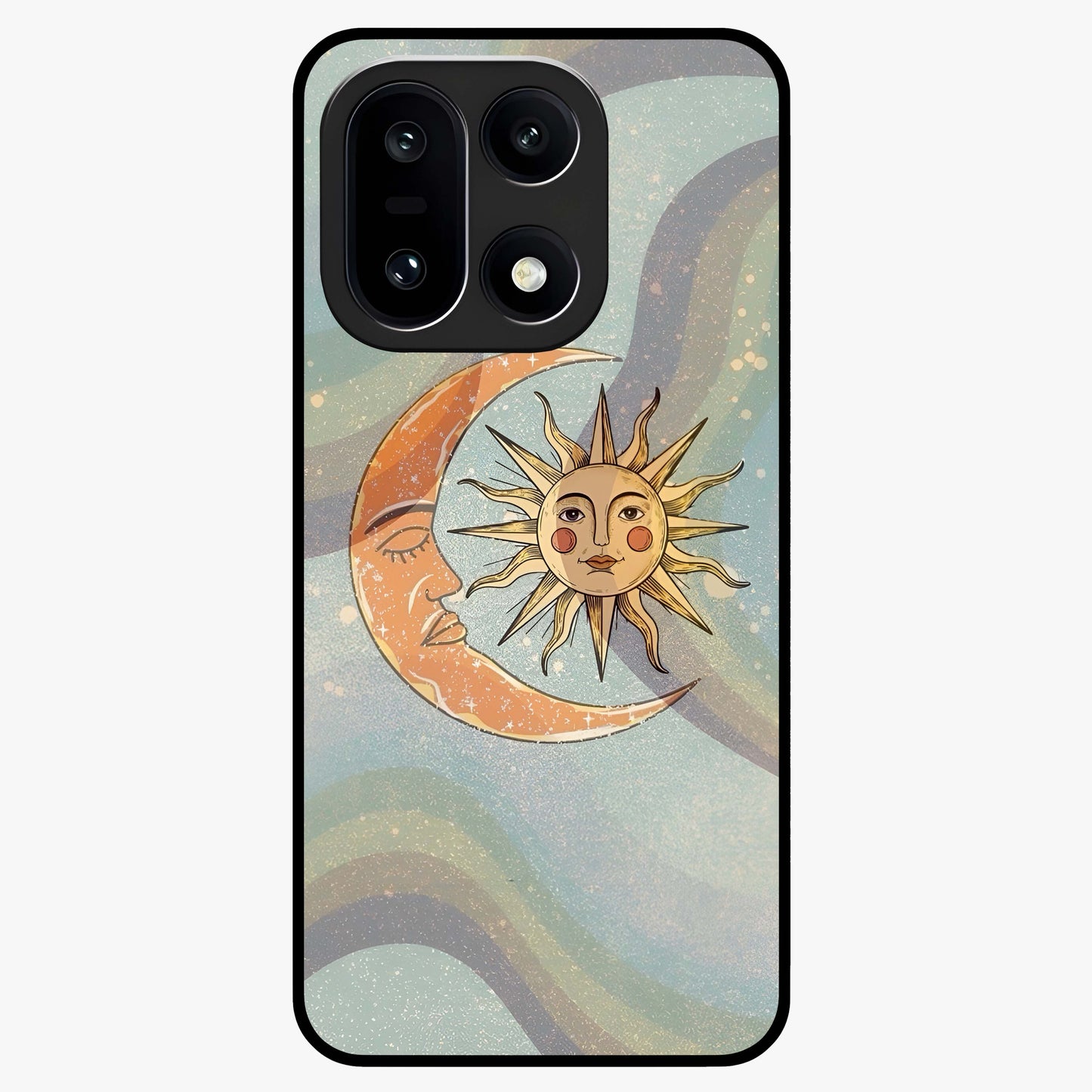 Celestial Harmony Vibes Glass Case for 1+15 serene front view featuring balanced cosmic artwork with calming tones
