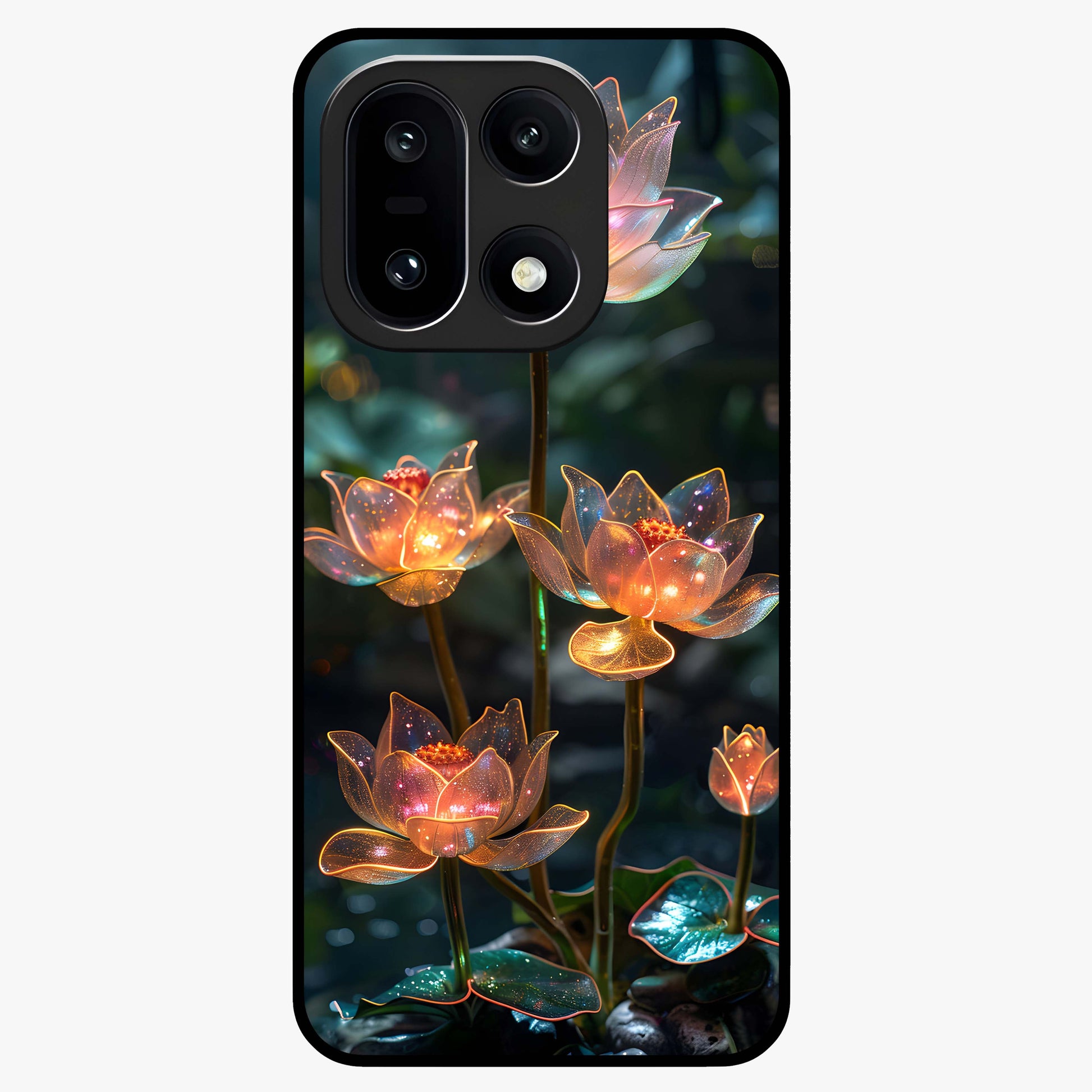Celestial Lotus Light Glass Case for 1+15 peaceful front view featuring glowing lotus artwork with cosmic backdrop