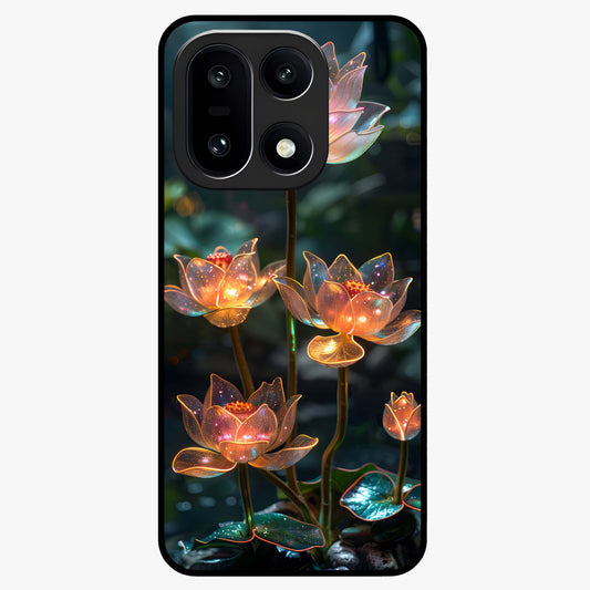 Celestial Lotus Light Glass Case for 1+15 peaceful front view featuring glowing lotus artwork with cosmic backdrop