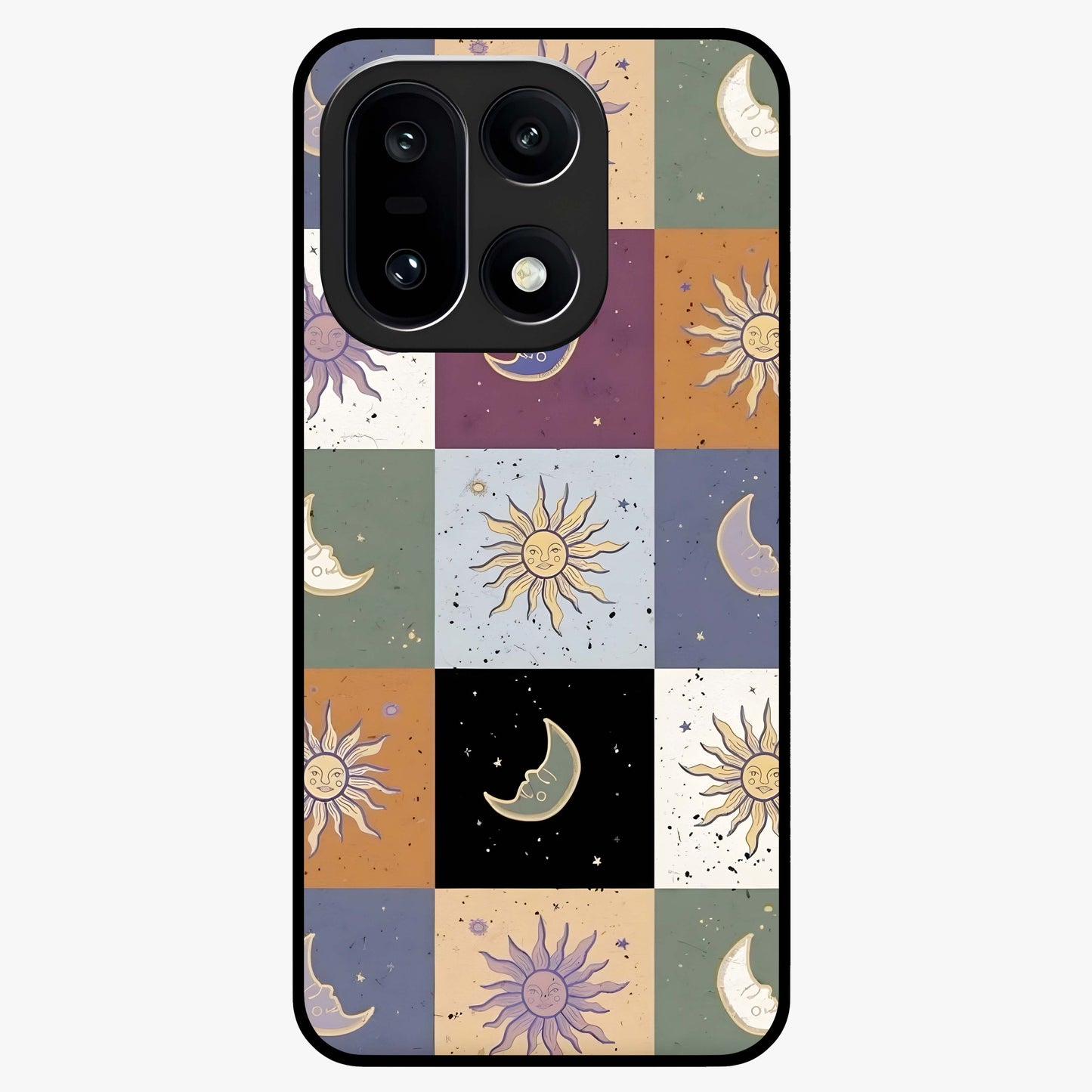 Celestial Patchwork Dreams Glass Case for 1+15 dreamy front view featuring patchwork style cosmic artwork