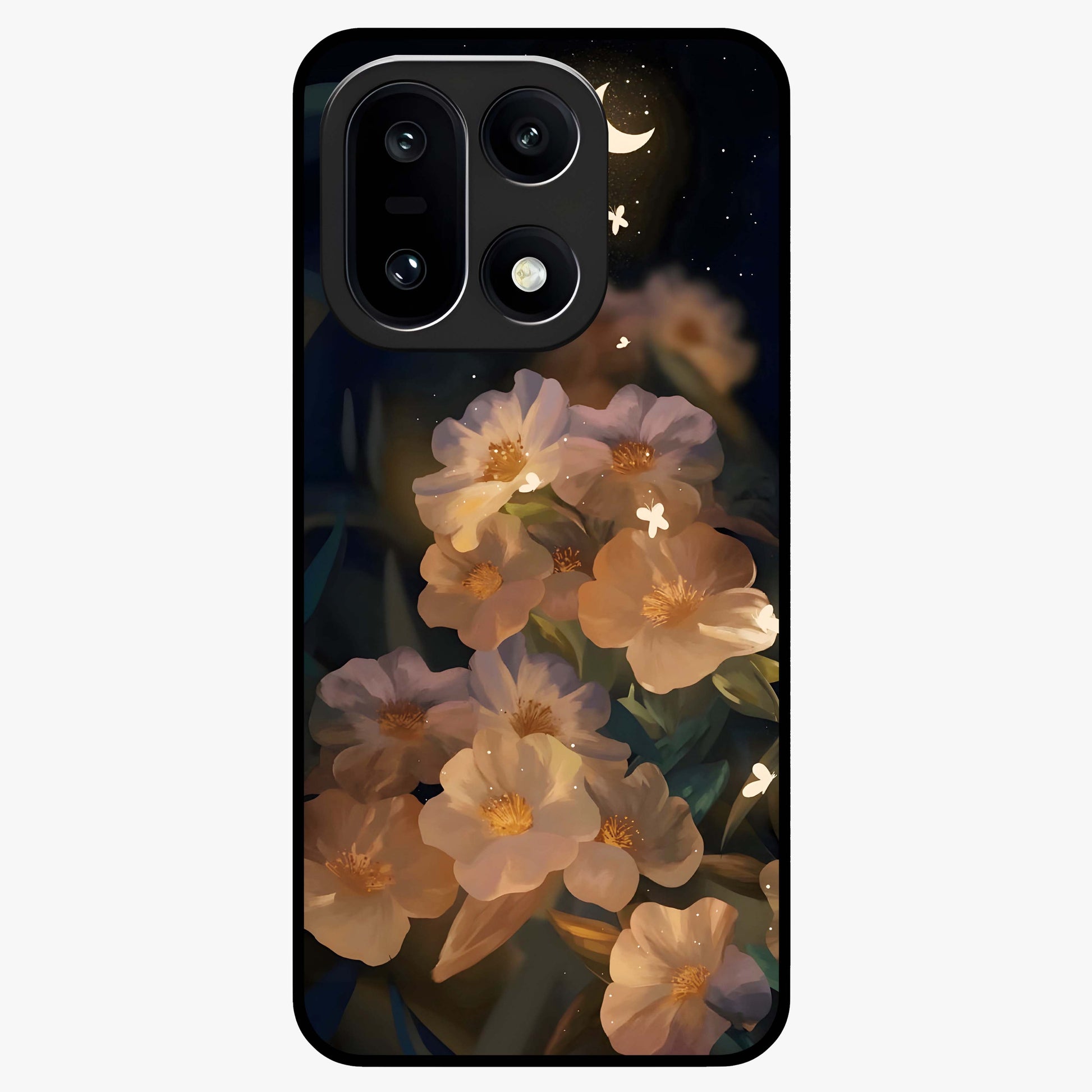 Celestial Petal Night Glass Case for 1+15 elegant front view featuring floral petals against dark night sky tones