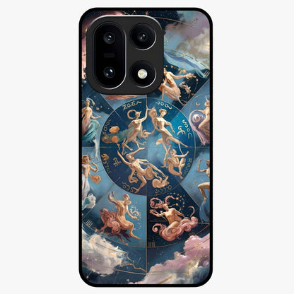 Celestial Signs Dance Glass Case for 1+15 artistic front view featuring zodiac inspired celestial symbol artwork