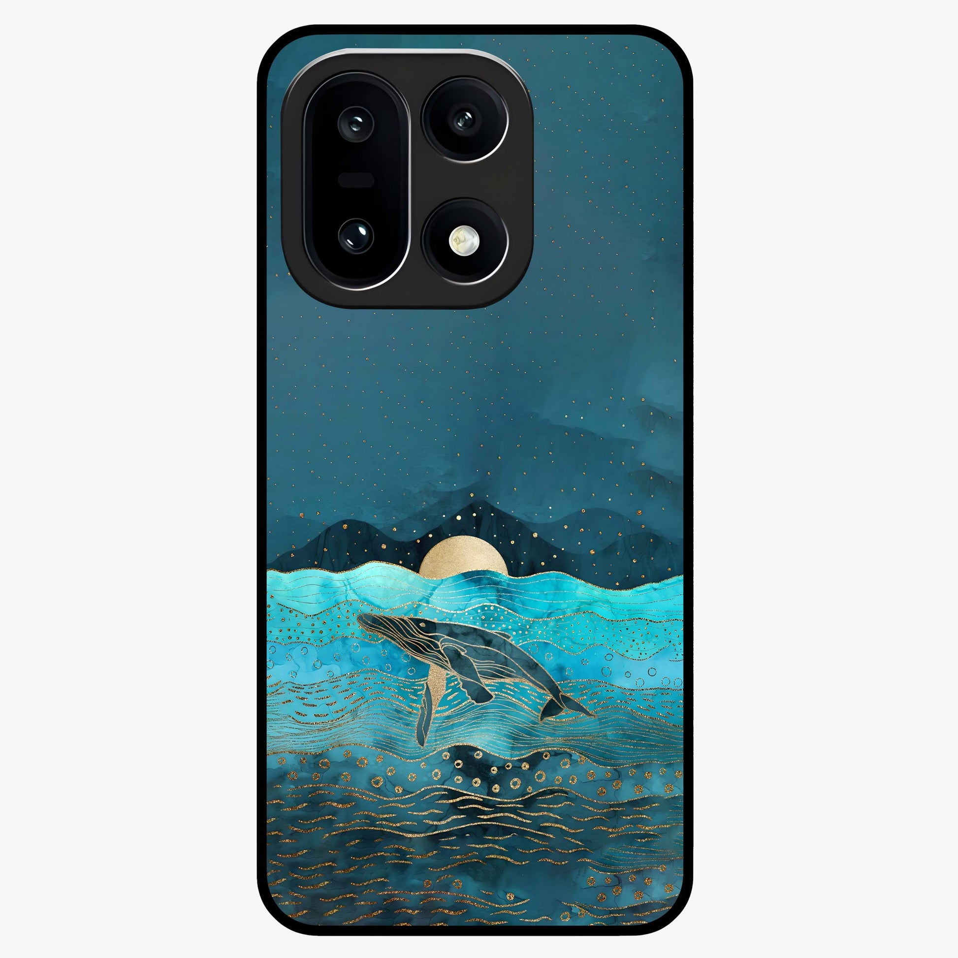Celestial Whale Voyage Glass Case for 1+15 dreamy front view featuring whale artwork against cosmic sky backdrop