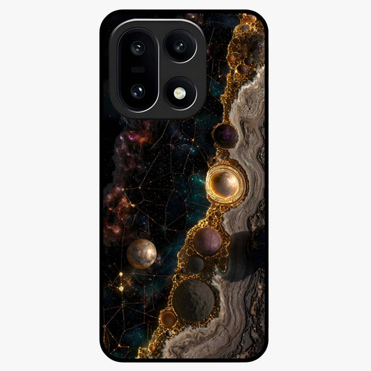 Cosmic Gold Path Glass Case for 1+15 luxurious front view featuring golden pathway artwork against cosmic backdrop
