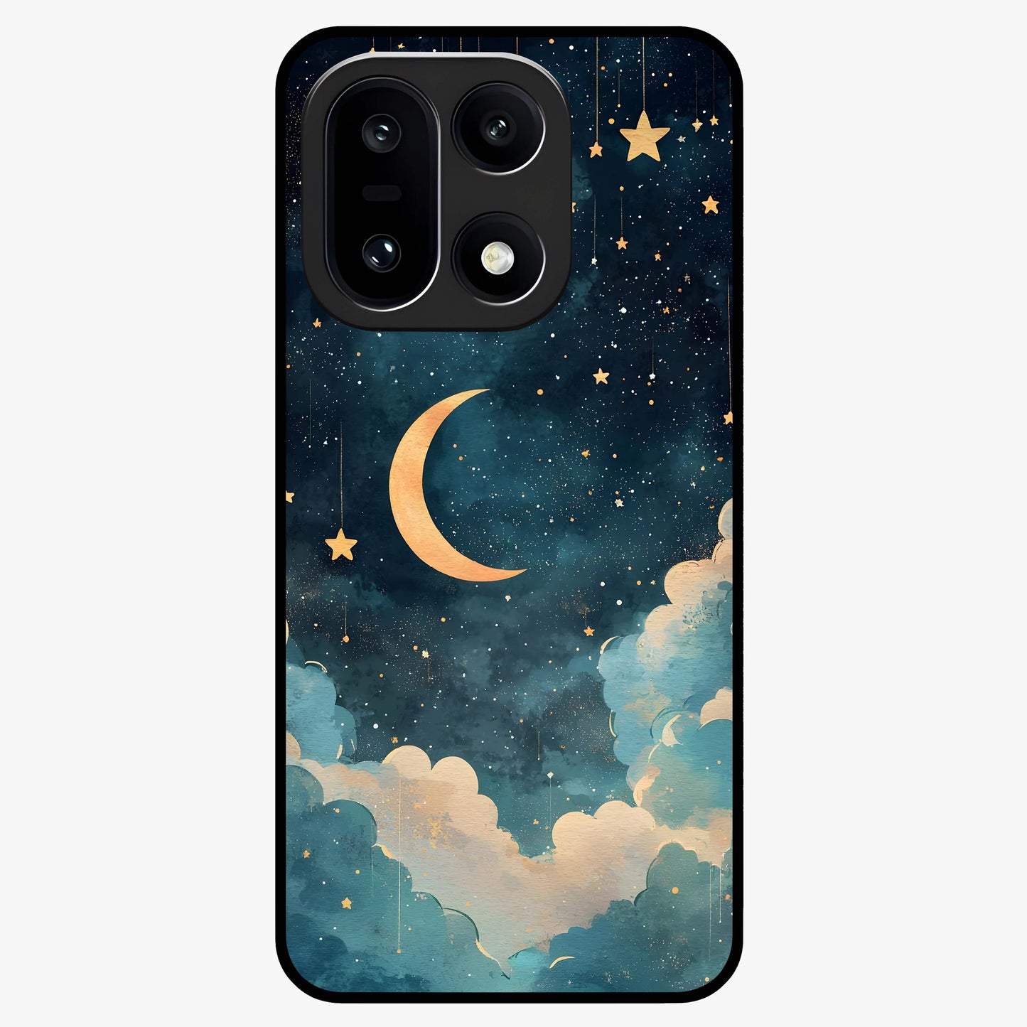 Crescent Galaxy Moon Glass Case for 1+15 mystical front view featuring crescent moon artwork with cosmic background